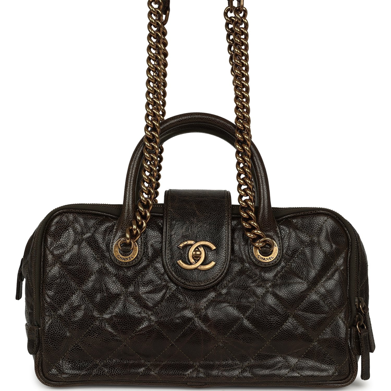 CHANEL Paris-Bombay Shiva Bowling Bag Khaki Shiny Aged Crumpled Calfskin Antique Gold Hardware