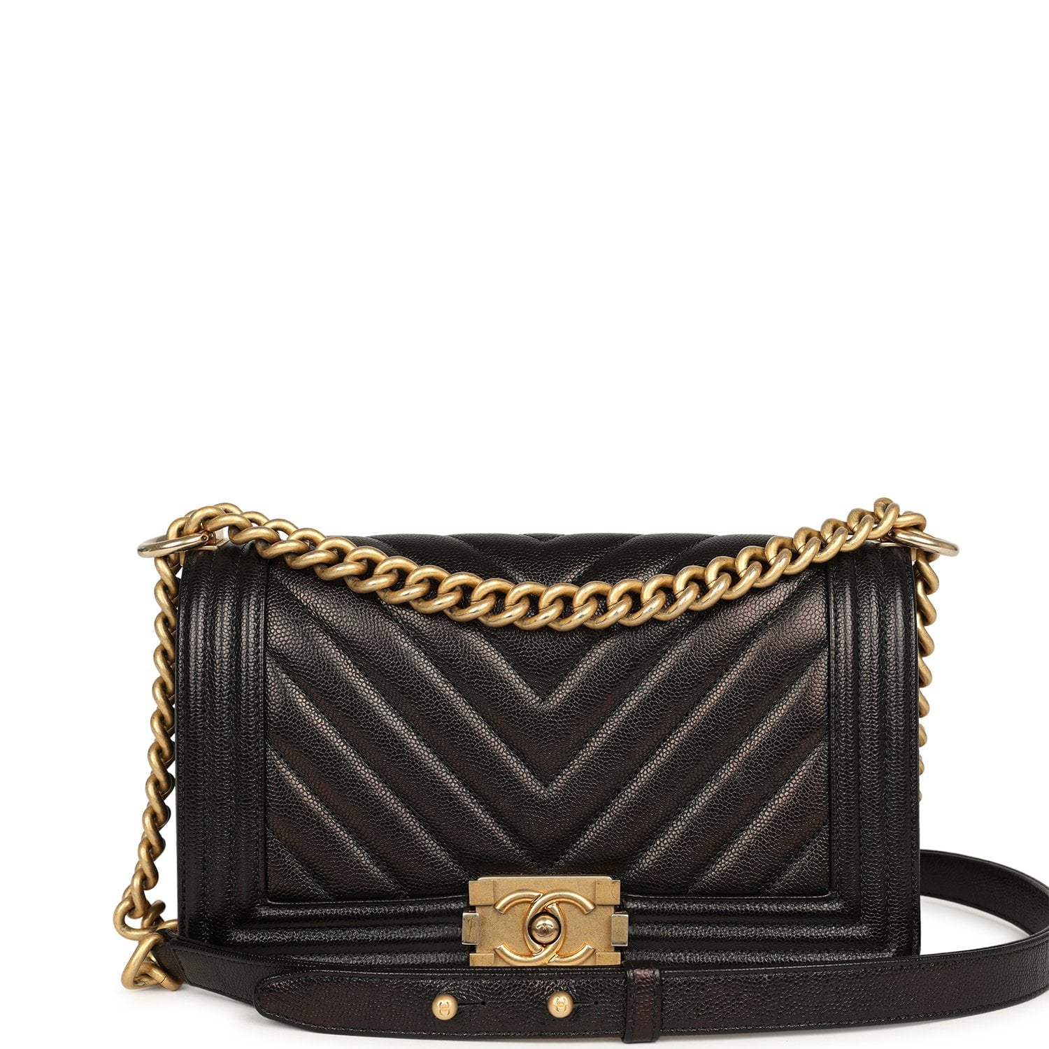 Chanel Medium Chevron Boy Bag Black Caviar Antique Gold Hardware