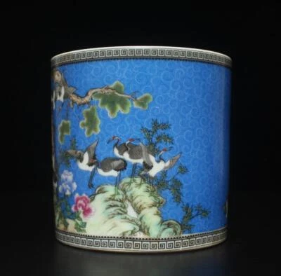 Qianlong Signed Chinese Famille Rose Brush Pot W/ crane