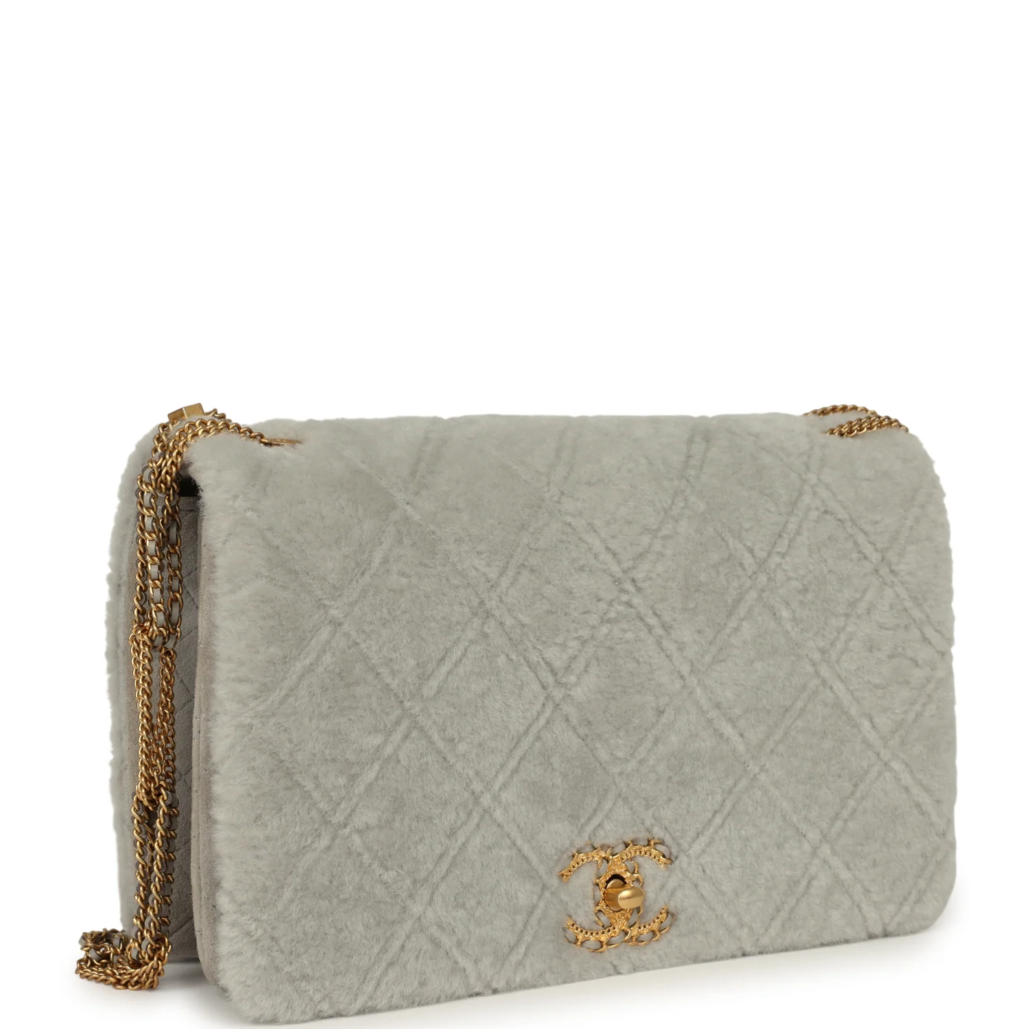 CHANEL Medium Flap Bag Grey Shearling Antique Gold Hardware