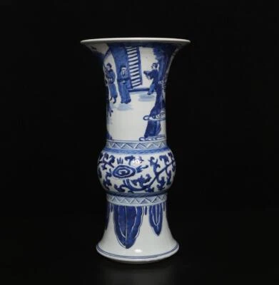 38CM Kangxi Signed Chinese Blue & White Porcelain Gu Vase w/figure