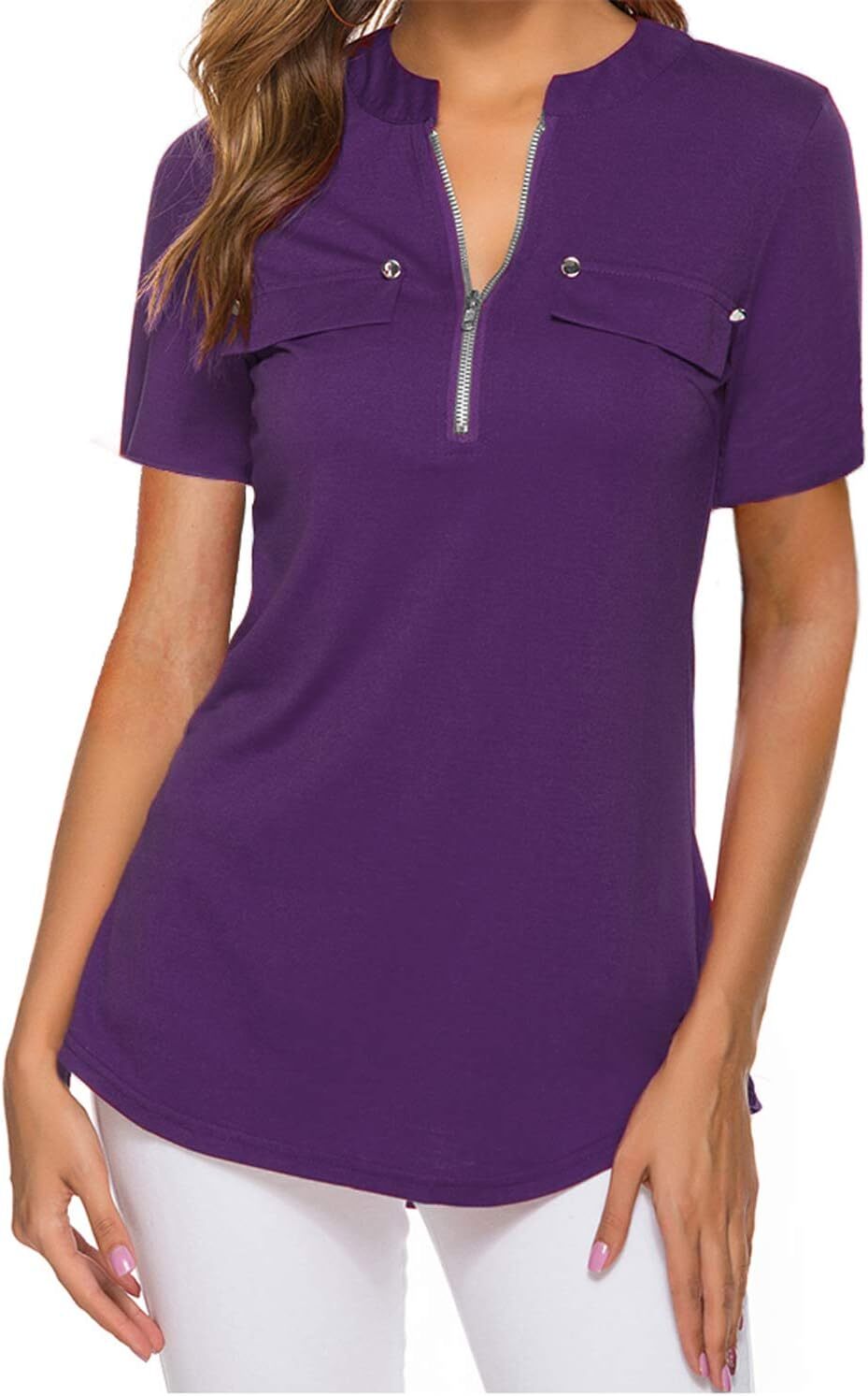 Damen Kurzarm Zip Quaste Long Shirt Business Casual Arbeit Büro Shirt