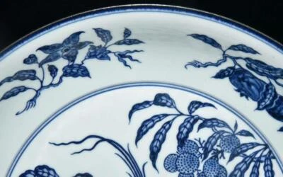 35CM Yongle Signed Old Chinese Blue and White Dish Plate W/bird N3071