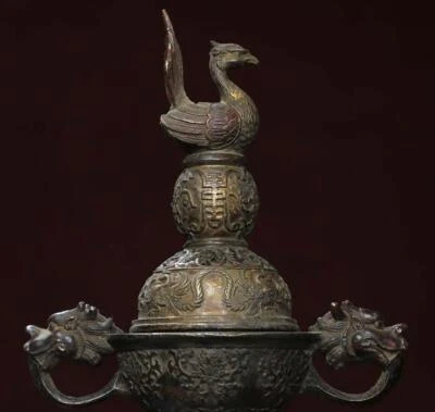 28CM Qianlong Signed Old Chinese Bronze Incense Burner w/phoenix N2802