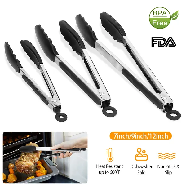 3Pcs Kitchen Tongs Stainless Steel Locking Food Tongs with Silicon Tips BPA Free Non-Stick BBQ Cooking Grilling Locking Food Tongs High Heat Resistant 600°F for Grill Salad Spaghetti