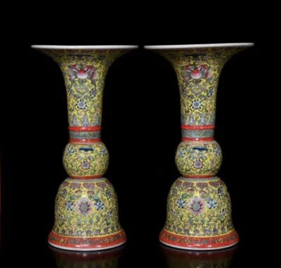 39CM Qianlong Signed Pair Old Rare Enamel Chinese Porcelain Flower Vase N413