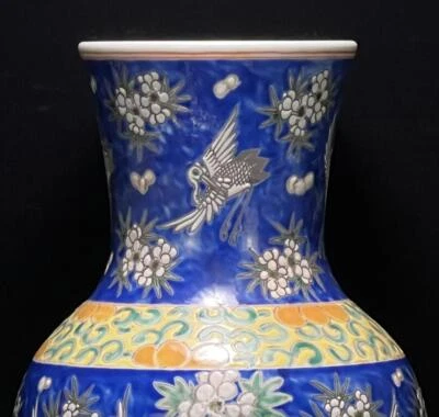 40CM Kangxi Signed Old Chinese Famille Rose Vase W/crane CK669