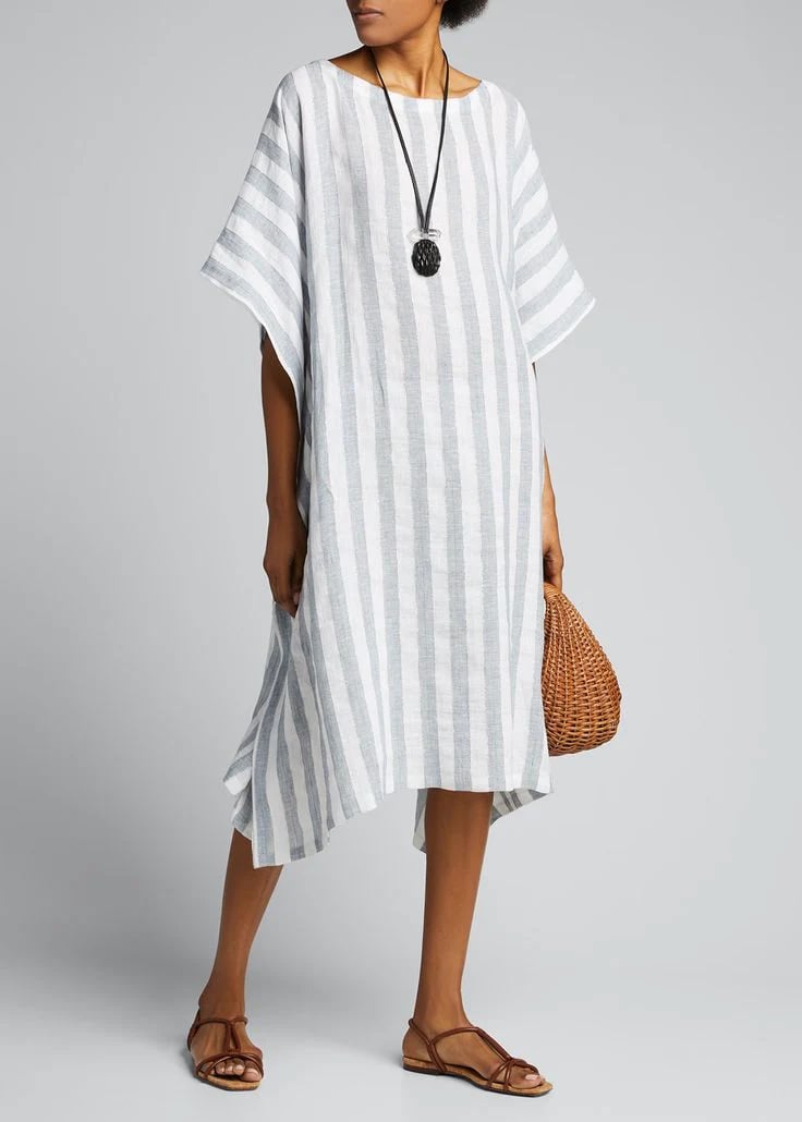 Cropped Sleeves Round Neck Cotton And Linen Comfort Dress