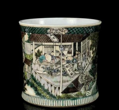 Kangxi Signed Old Chinese Famille Rose Brush Pot W/figure N1304