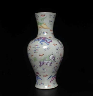 44CM Yongzheng Signed Old Chinese Famille Rose Vase W/lion