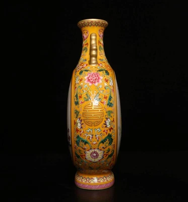 26CM Qianlong Signed Antique Chinese Famille Rose Vase W/crane