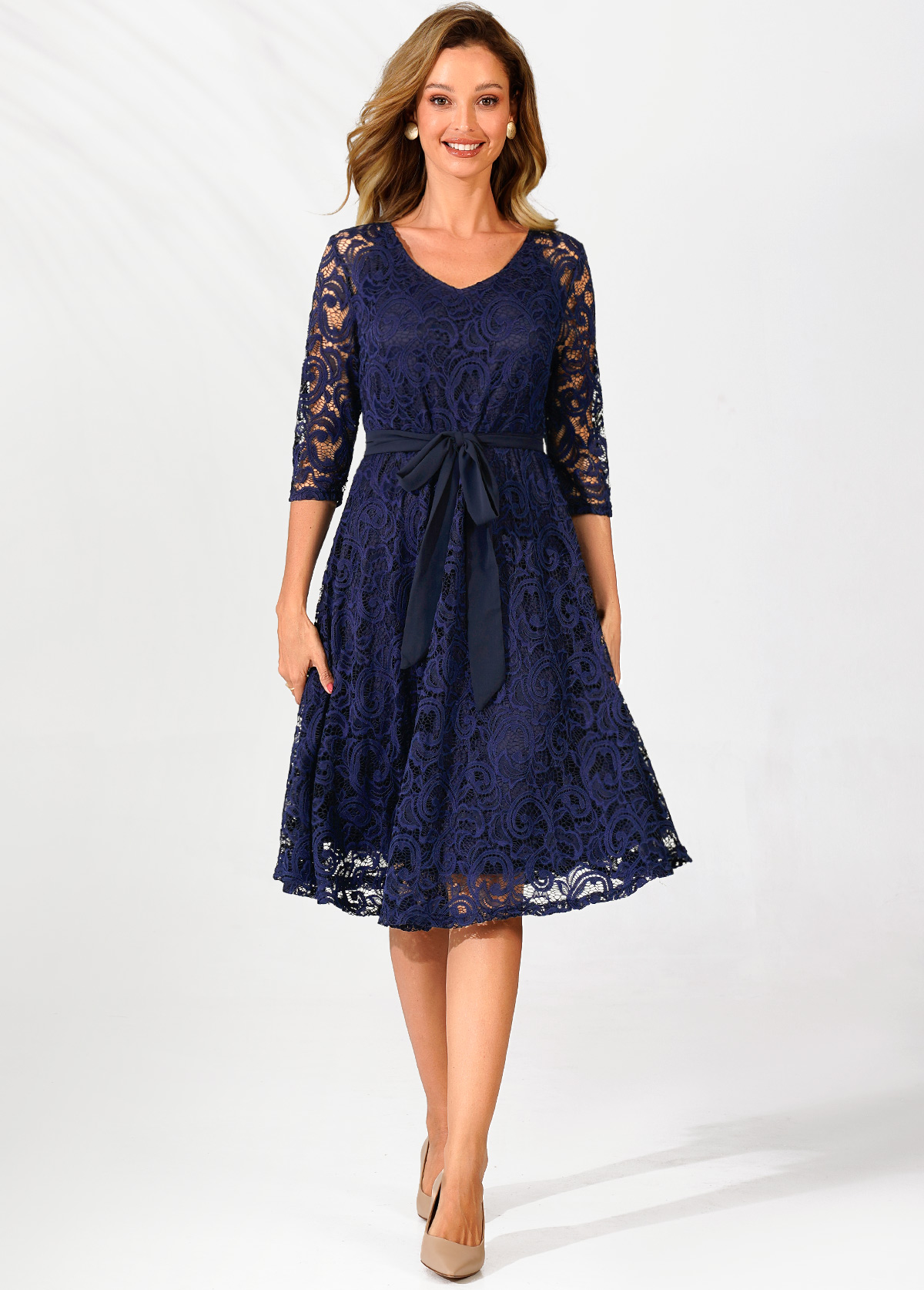 Navy Blue Belted Lace 3/4 Sleeve Dress