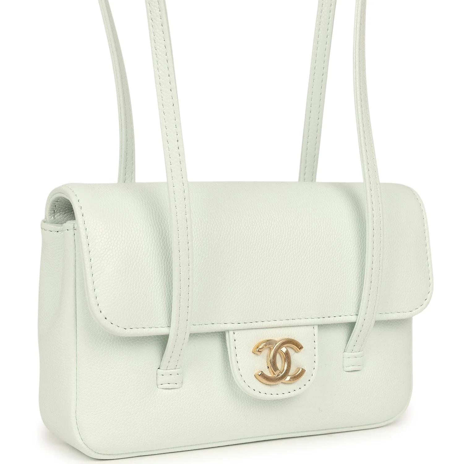 CHANEL Mini Preppy Coco Clutch With Straps Light Blue Shiny Caviar Brushed Gold Hardware