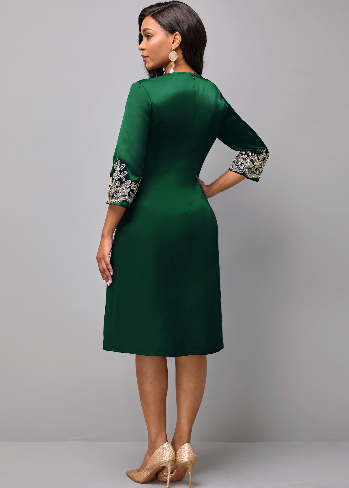 3/4 Sleeve Round Neck Embroidered Dress