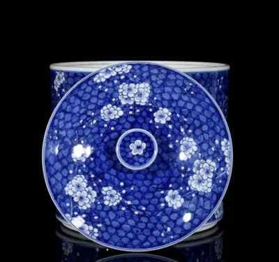 26CM Kangxi Signed Old Chinese Blue and White Lid Pot W/plum blossom N3222