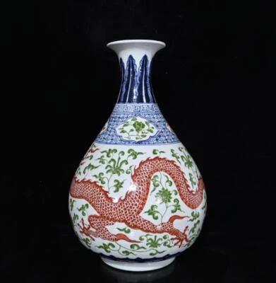 41CM Xuande Signed Old Chinese Red Green Color Vase W/dragon N372