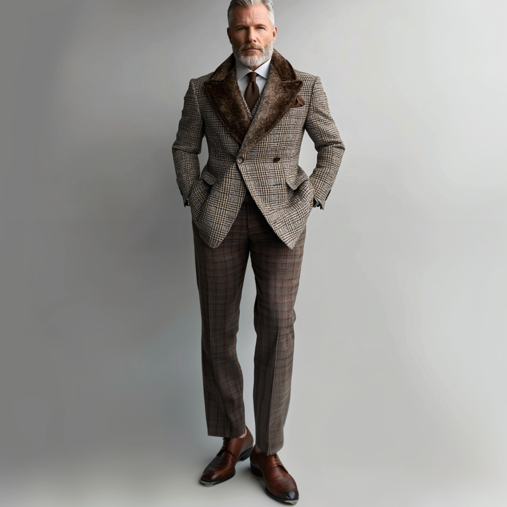 Men's Business Plush Peak Lapel Double Breasted Plaid Print Blazer