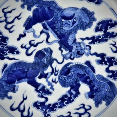 38CM Qianlong Signed Old Chinese Blue and White Pot Basin W/lion N3254