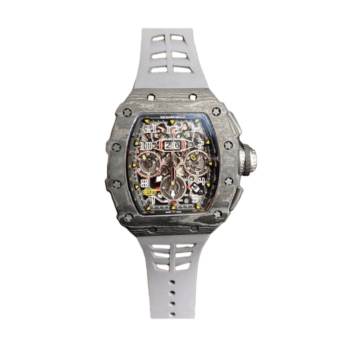 【7A Quality】Swiss Richard Mille RM 11 Replica – 49mm Carbon Case, Skeleton Dial, Grey Rubber Strap