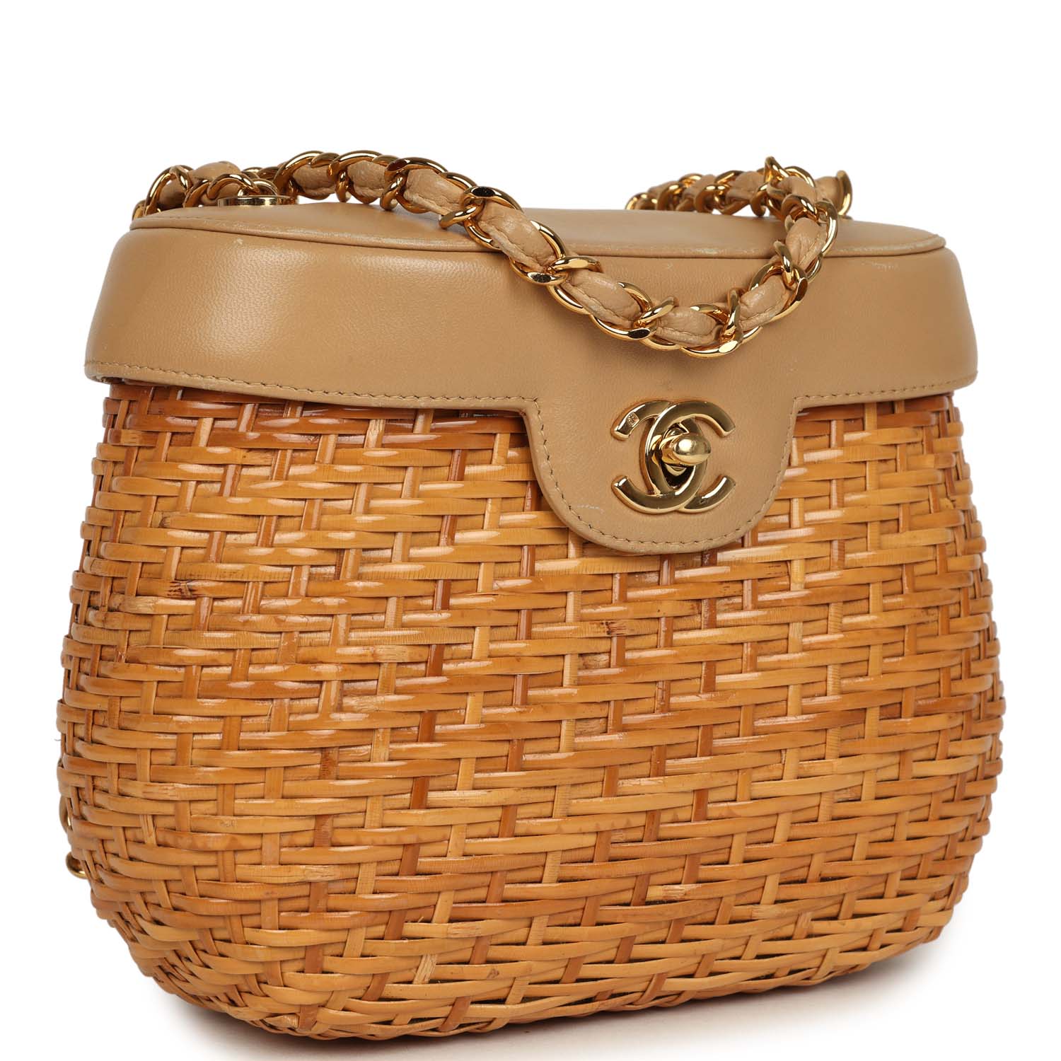 Vintage Chanel Basket Bag Beige Lambskin and Rattan Wicker Gold Hardware