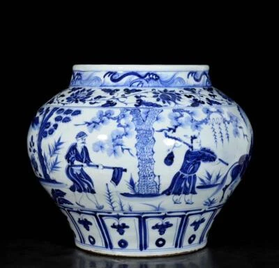 29CM Old Chinese Blue and White Pot Jar W/cow N3574