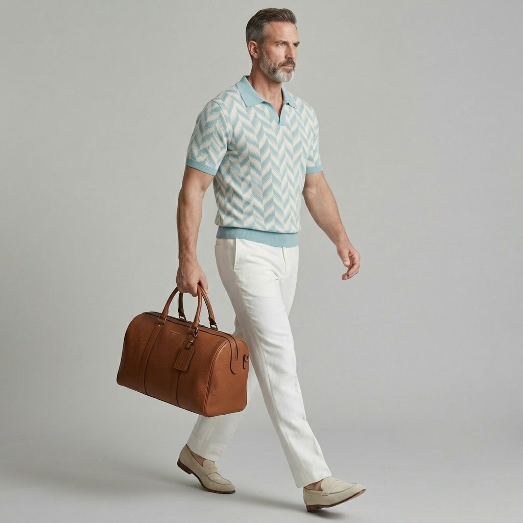 Men's Casual Geometric Pattern Jacquard Knit Polo Shirt