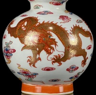 Qianlong Signed Old Chinese Red Glaze Gilding Vase W/dragon CK681