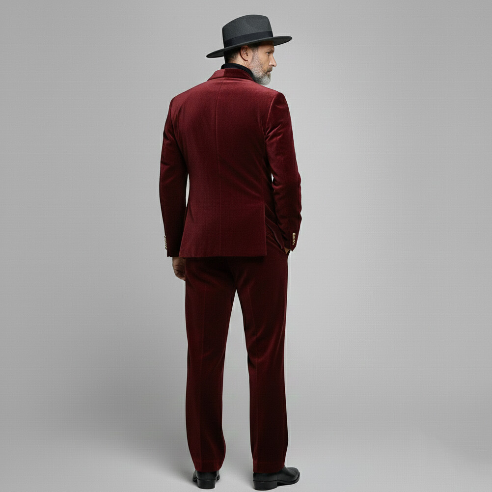 Men's Burgundy Shawl Lapel Business Velvet Long Sleeve Blazer & Pants 2Pcs Set