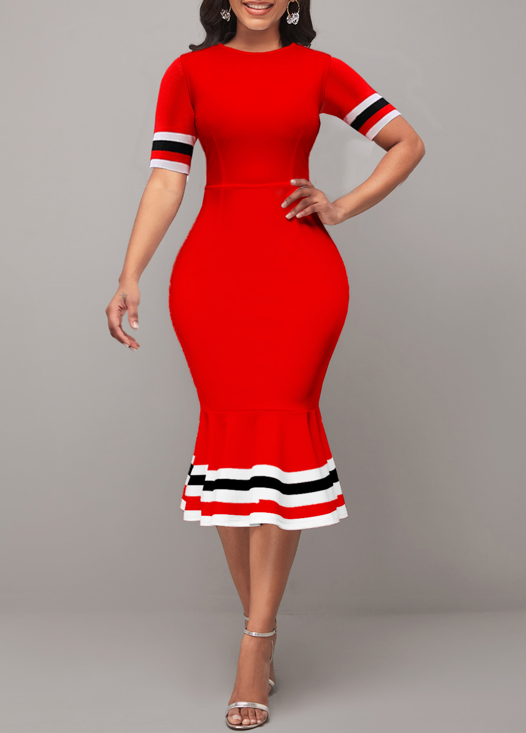 Red Stripe Print Short Sleeve Dress