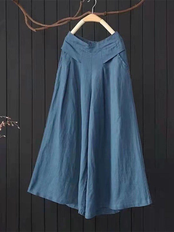 Women's Solid Color Semi Elastic High Waist Wide Leg Pants