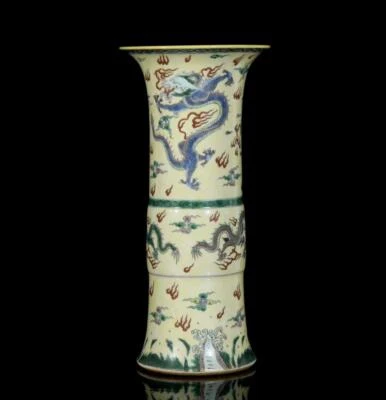 43CM Old Chinese Five Color Flower Gu Vase W/dragon N3407