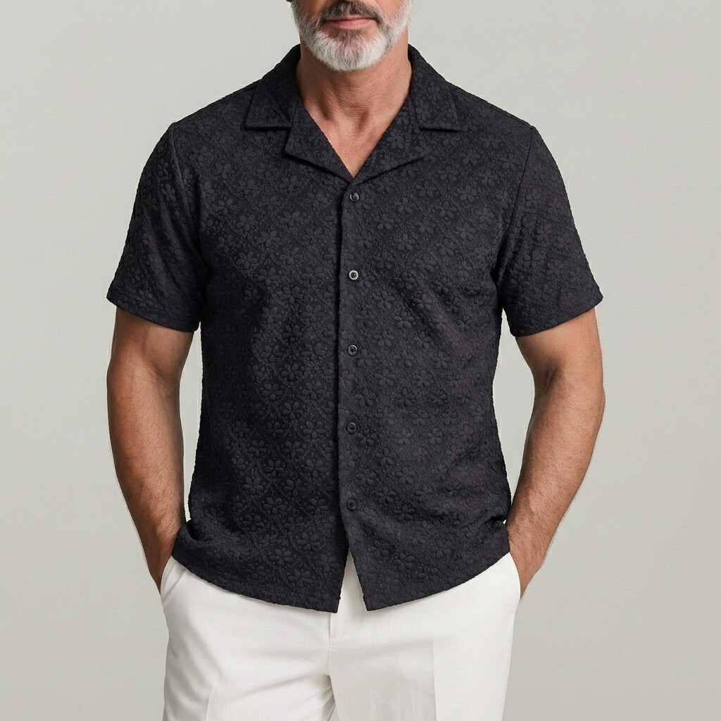 Men's Vacation Floral Embossed Cuban Collar Single Breasted Buttons Short Sleeve Shirt