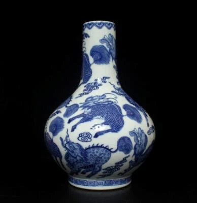 36CM Kangxi Signed Old Chinese Blue & White Porcelain Vase w/kylin