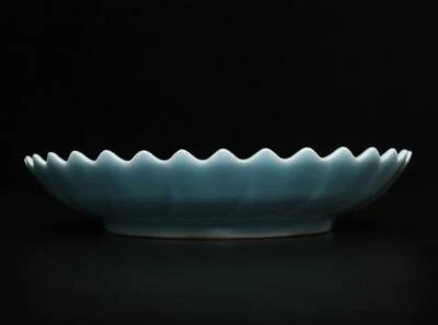 Signed Antique Chinese Blue Glaze Porcelain Dish w/louts flower
