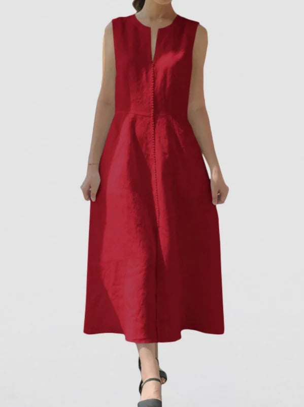 V-Neck Waisted Cotton And Linen Hem Slit Sleeveless Dress