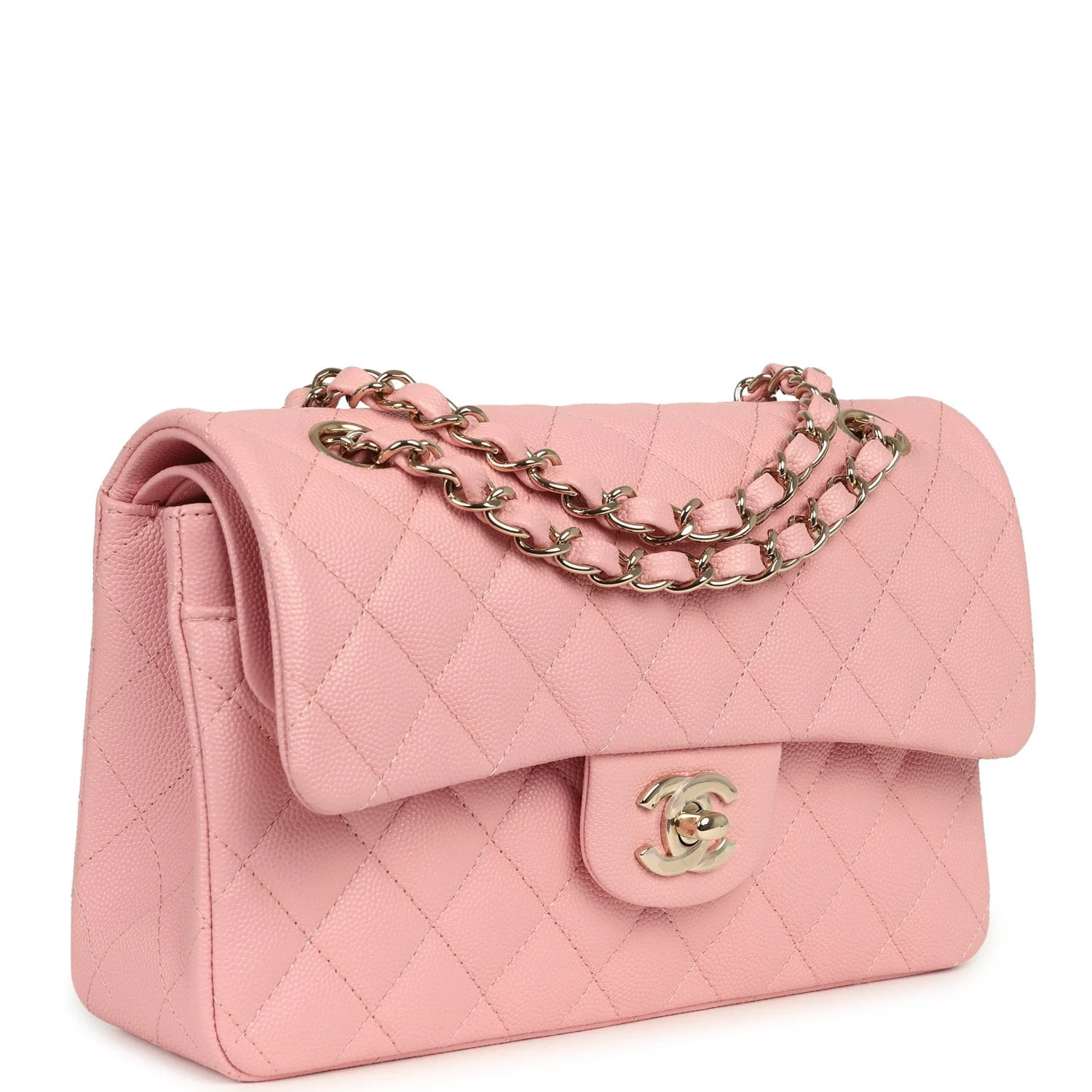 CHANEL Small Classic Double Flap Bag Pink Shiny Caviar Light Gold Hardware