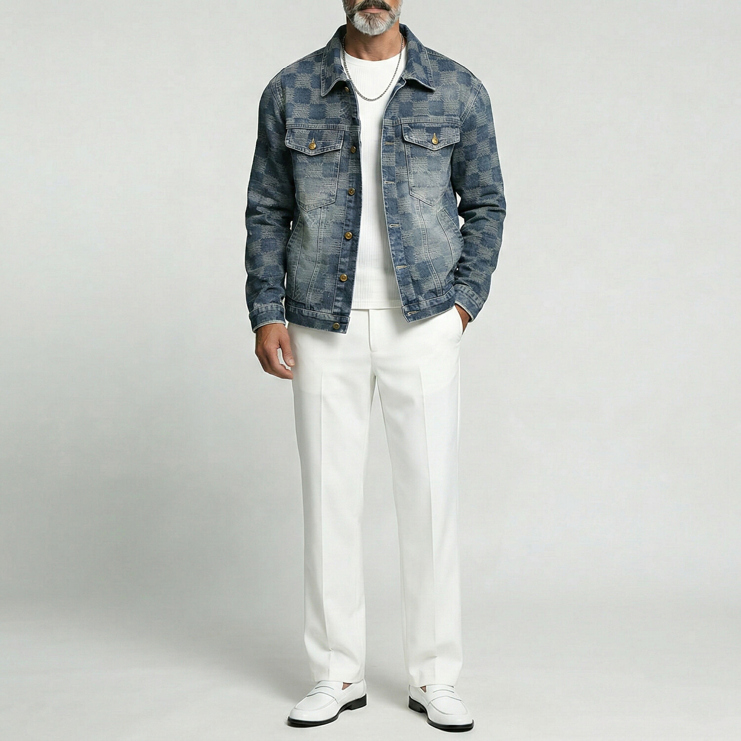 Men's Retro Washed Checkered Denim Single Breasted Long Sleeve Jacket