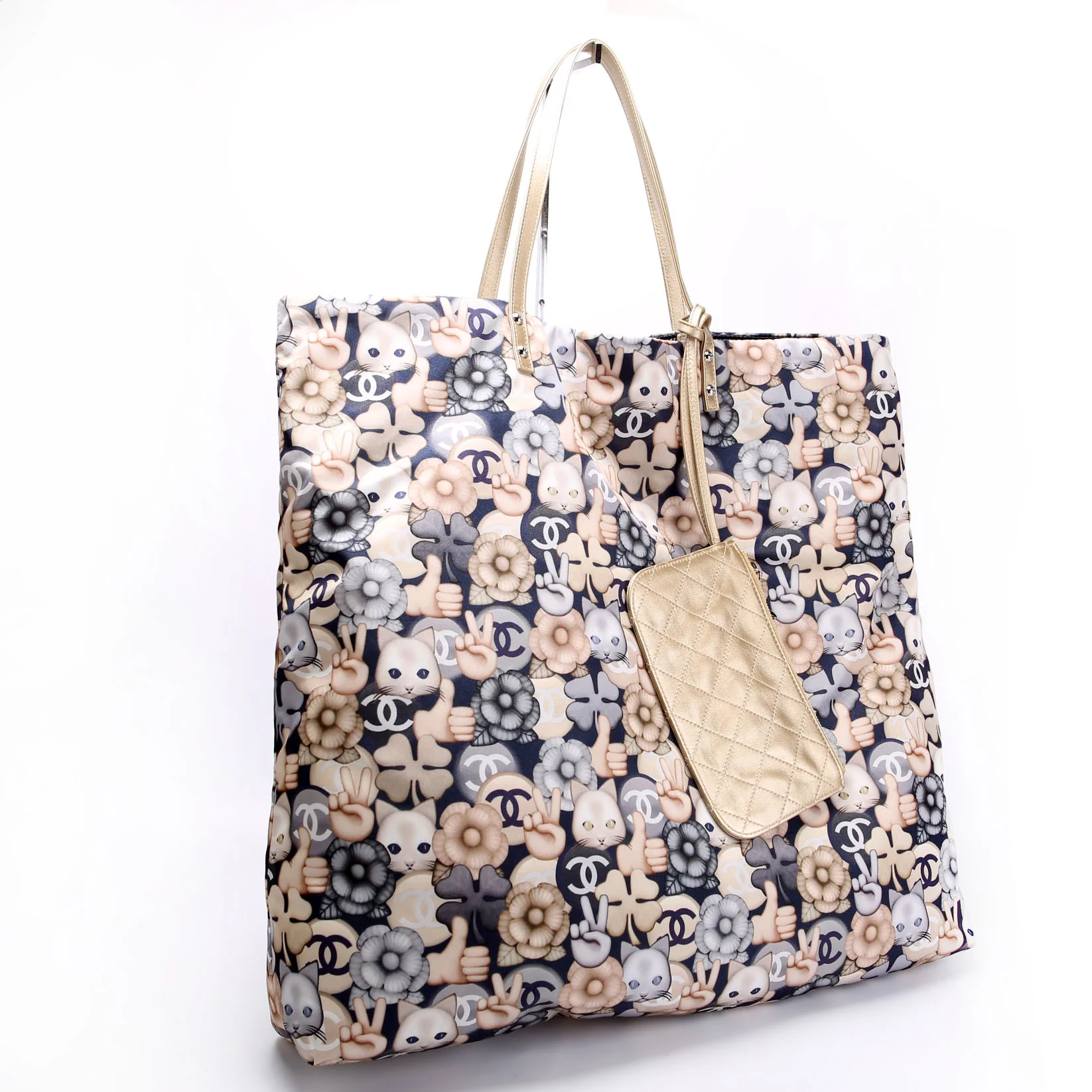 CHANEL Cat Emoticon Nylon Shopping Tote Navy/Cream/Silver