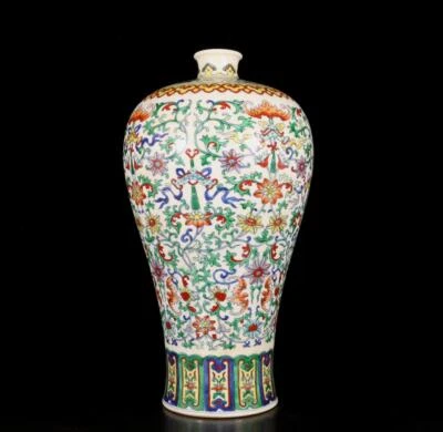 34CM Qianlong Signed Old Chinese Doucai Vase W/flower  N1419