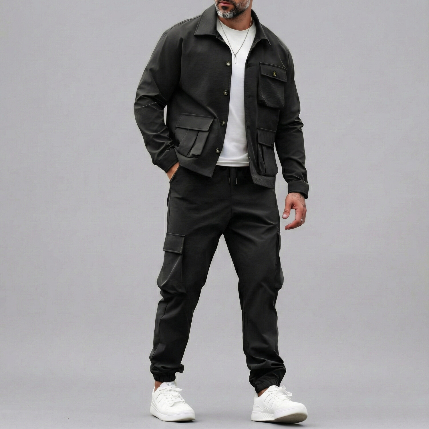 Men's Solid Shirt Collar Single Breasted Coat & Drawstring Cargo Pants 2 Pcs Set