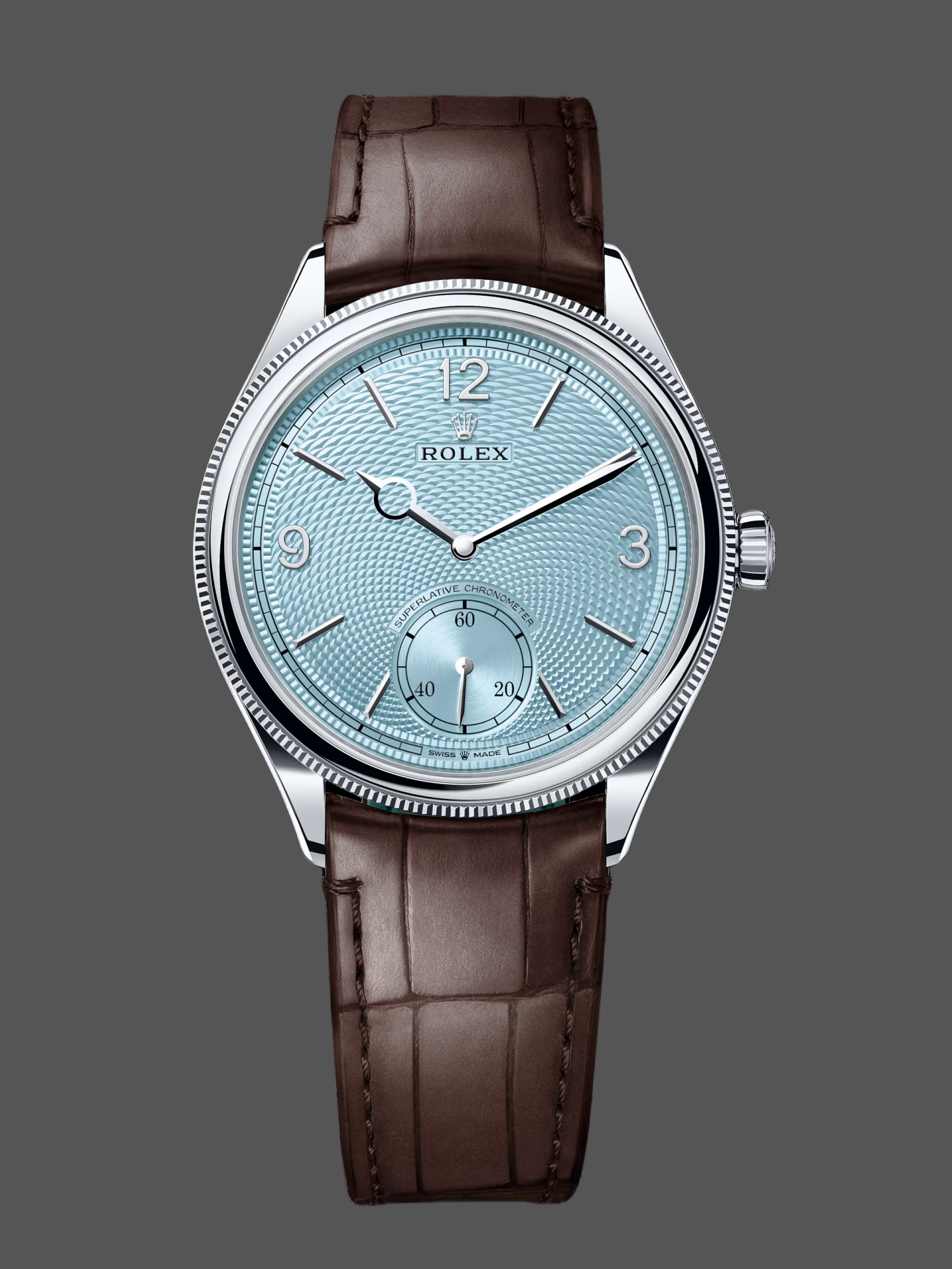 Rolex 1908 52506 0002 Ice Blue Dial Brown Leather Strap 39 mm Watch