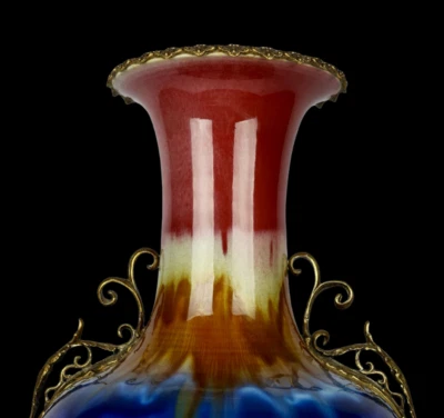 62CM Old Chinese Jun Kiln Yaobian Glaze Red Glaze Vase w/flower N4021