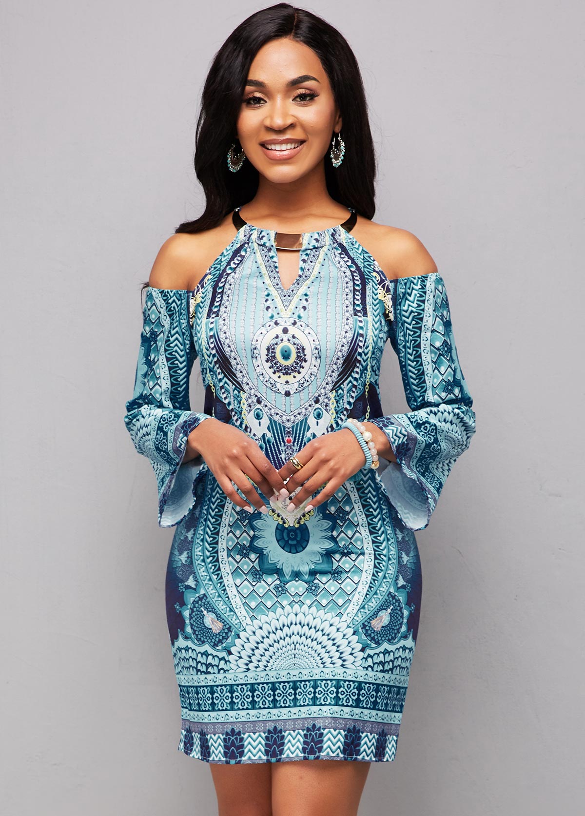 Long Sleeve Bib Neck Tribal Print Bodycon Dress