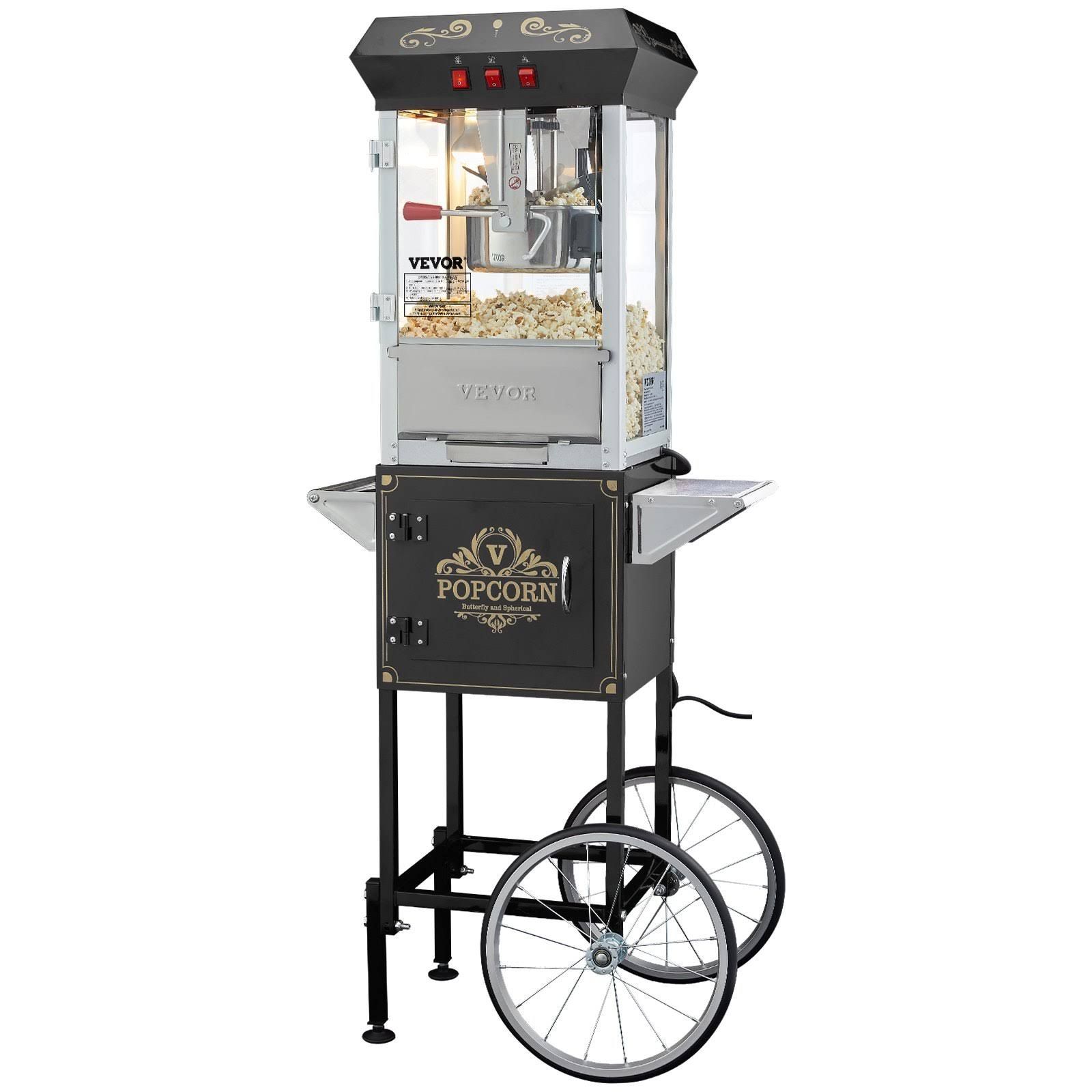 Macchina per Pop Corn con Carrello,VEVOR Dispositivo Elettrico 850 W,Ciotola da 227 g per 48 Tazze,Vetro Temperato,4 Cucchiai,Stile Cinema