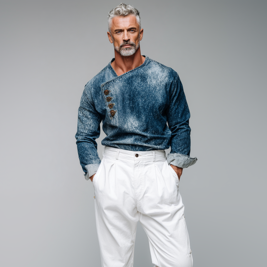 Men's Washed Denim Asymmetrical Button Placket Long Sleeve Denim Shirt