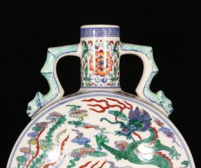 33CM Qianlong Signed Old Chinese Doucai Vase W/dragon N1449