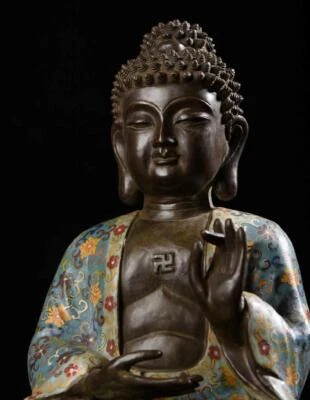 39CM Old Chinese Bronze Cloisonné Statue Buddha Q414