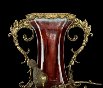 43CM Yongzheng Signed Chinese Jun Kiln Yaobian Glaze Red Glaze Vase w/bird N4013