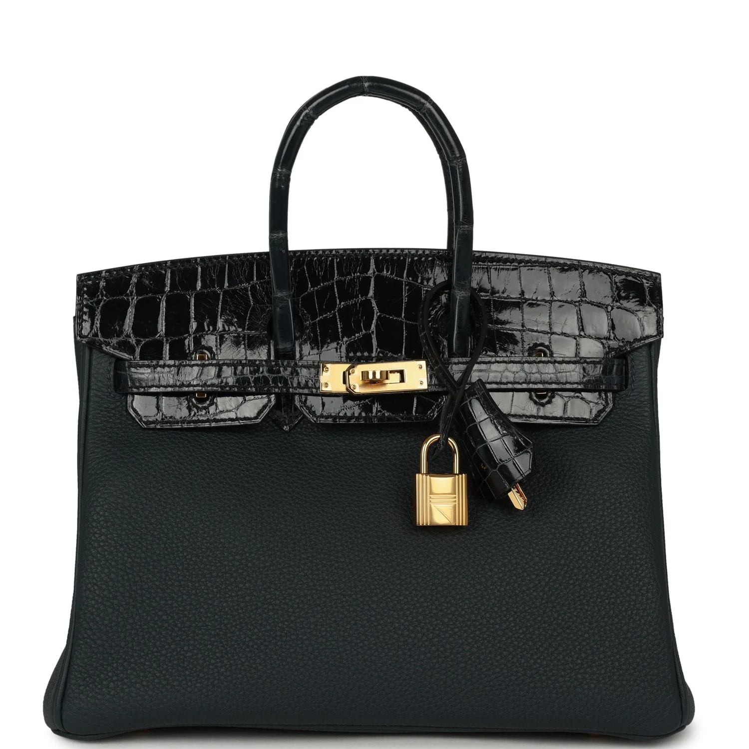 HERMÈS Birkin 25 Vert Rousseau Togo, Shiny Niloticus Crocodile Touch Gold Hardware
