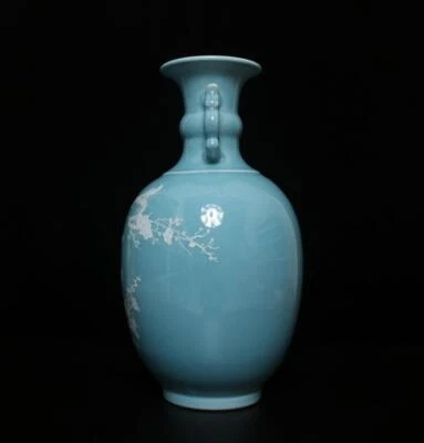 36.5CM Yongzheng Signed Old Chinese Blue Glaze Vase w/plum blossom